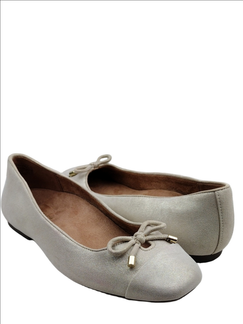 Vionic Klara Gold Metallic Finish Leather Bow Square Cap Toe Slip On Flat Shoe